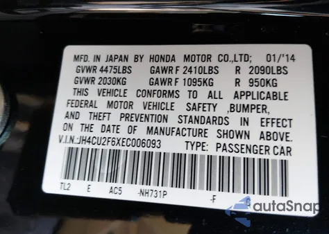 2014 Acura Tsx 2.4 z USA, uszkodzony, nr VIN JH4CU2F6XEC006093